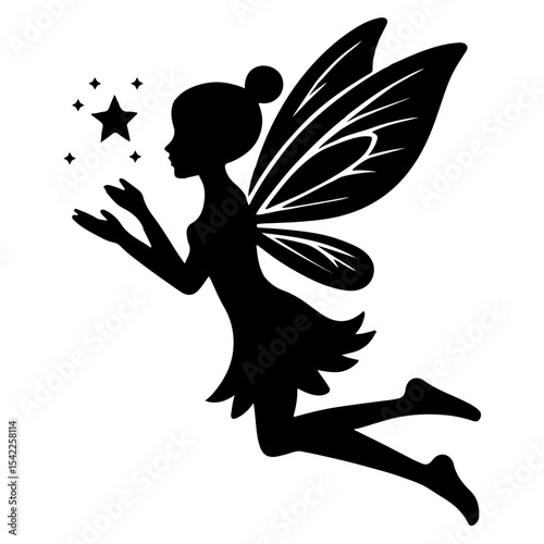 Silhouette of a fairy with wings and stars around