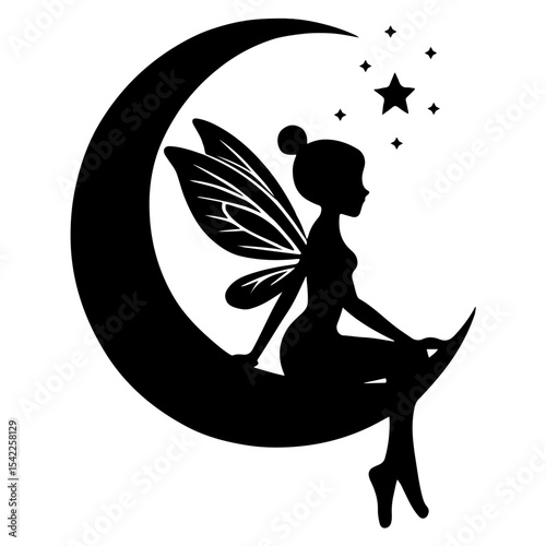 Silhouette of a fairy sitting on a crescent moon