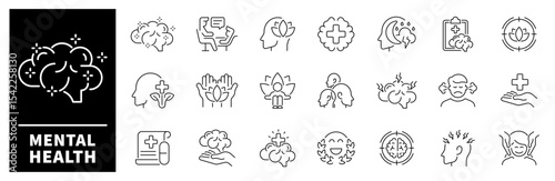 Mental health vector icons.Thin line icons related to mental health and wellness. Mental health vector icons in line style