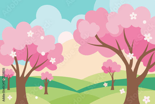 Blooming pink flowers adorn a vibrant spring tree in a beautiful nature landscape, with branches reaching towards the sky