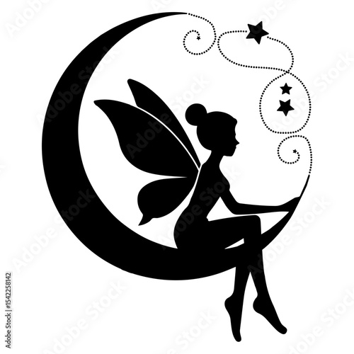 Silhouette of a fairy sitting on a crescent moon