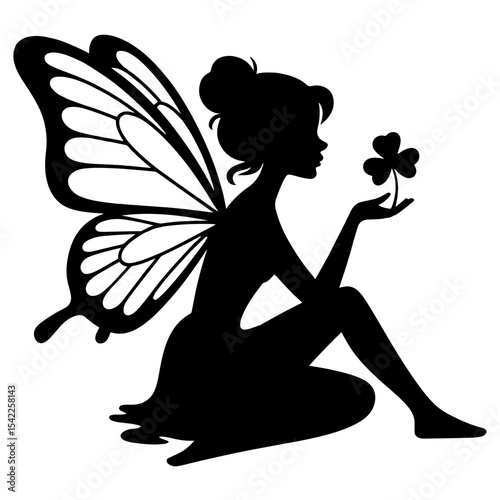 Silhouette of fairy holding a three leaf clover