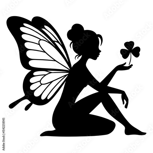 Silhouette of fairy holding a three leaf clover