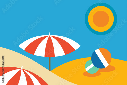 A vibrant vector illustration of a sunny summer beach with an umbrella, sea, and sand, perfect for a relaxing tropical vacation
