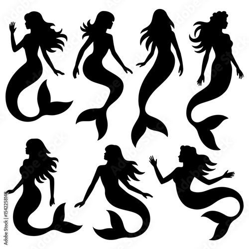 Silhouette collection of various mermaid positions