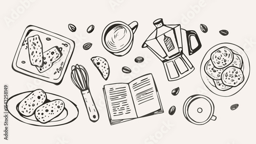 Hand drawn illustration of coffee beans, cookies, and cooking utensils on a white background