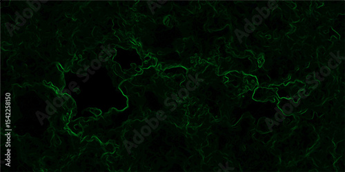 Abstract dark background featuring swirling green neon wisps and smoky, misty patterns over a black backdrop. Organic, ethereal effect resembling energy currents, plasma flow, or mystical fog