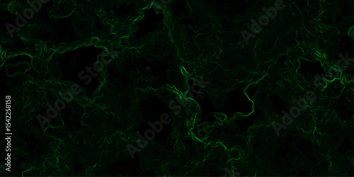 Abstract dark background featuring swirling green neon wisps and smoky, misty patterns over a black backdrop. Organic, ethereal effect resembling energy currents, plasma flow, or mystical fog