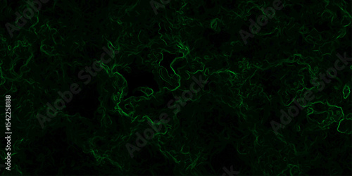 Abstract dark background featuring swirling green neon wisps and smoky, misty patterns over a black backdrop. Organic, ethereal effect resembling energy currents, plasma flow, or mystical fog