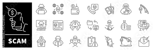 Scam vector icons. Thin line icons collection related to Scam. Scam and fraud linear icon collection.