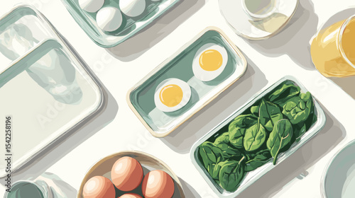 Healthy breakfast flatlay with spinach eggs juice and containers on bright table Nutrition and diets