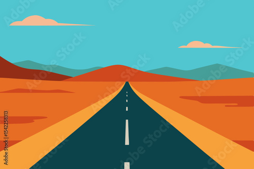 A straight highway through the desert landscape stretches towards the mountains under a vast sky at sunset, inviting a journey