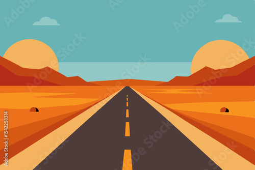 Sunset highway journey through an empty desert landscape towards the horizon
