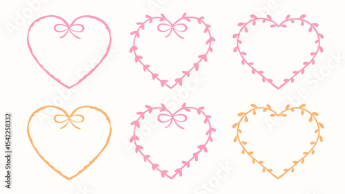 Collection of six heart shaped frames with bows and leaves in pink and orange colors on white background