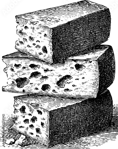 Vintage cheese block with holes in engraving style design for culinary art