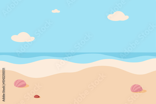 Tropical beach vector illustration with sun, sea, sand, and sky evoking a serene summer vacation paradise