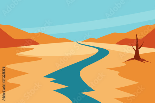 Vector illustration of a desert landscape with sand dunes under a hot summer sky, perfect for travel and nature themes