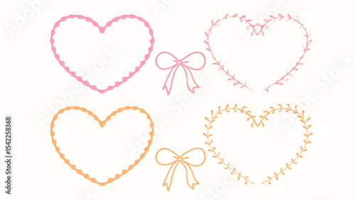 Illustration of pink and orange heart shaped frames and bows on a white background surface art style