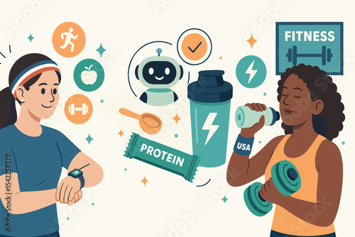 AI coach in fitness. Robot personal trainer. Character use artificial intelligence technology tools to create gym training, cardio workout, protein diet. Vector illustration. 