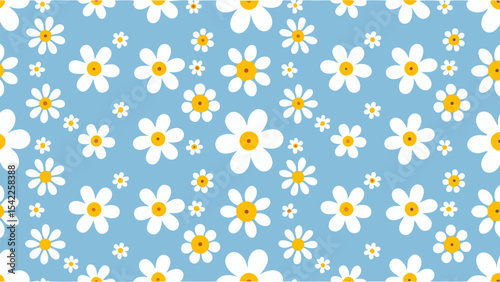 Seamless pattern of white flowers with yellow centers on a light blue background creates a cheerful design