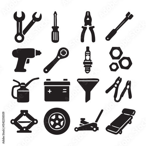 Silhouetted Automotive Tools and Equipment for Vehicle Maintenance and Repair.