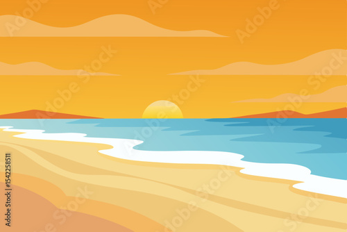 Golden sunset over a tropical beach with waves lapping the sand, clear sky, and distant mountains