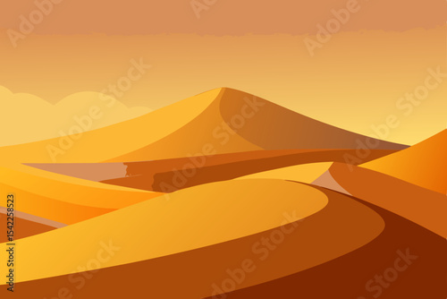 Desert pyramids vector illustration with a hot, arid Sahara landscape at sunset