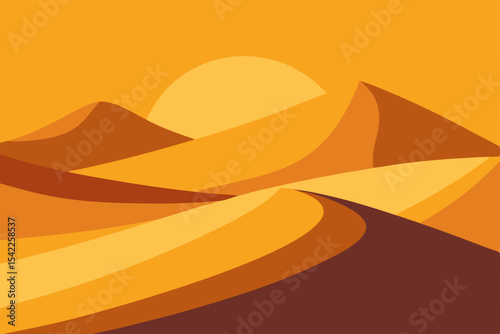 Desert road at sunset with orange sky, sand dunes, and distant mountains