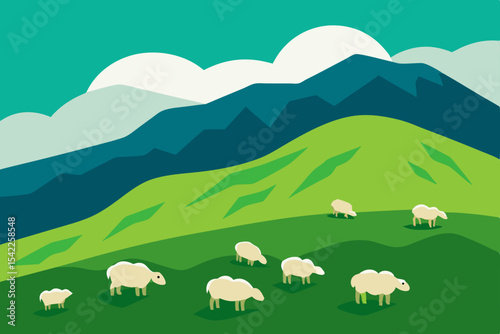 Grazing sheep and lambs dot the green mountainous landscape under a vast sky, embodying the essence of rural agriculture