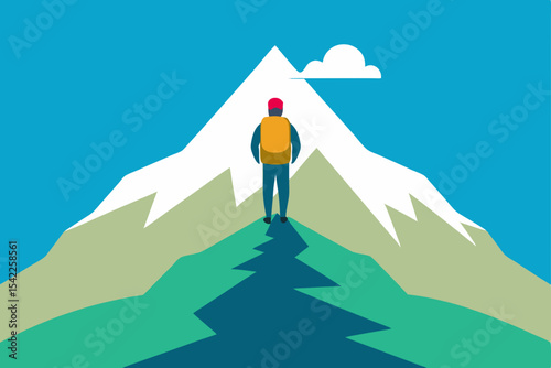 Businessman and woman hikers on a mountain peak, silhouetted against the sky, celebrating success with a panoramic nature view