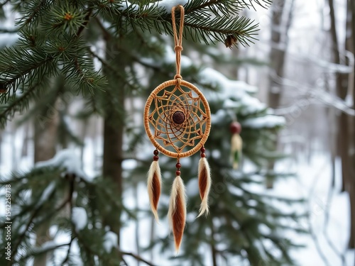 Dreamcatcher hanging on a pine tree in a snowy winter forest  