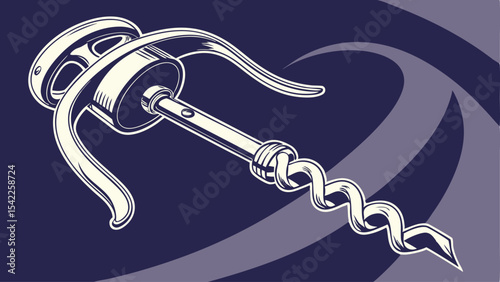 Illustration of a vintage corkscrew with a spiral worm and handle against a patterned dark background