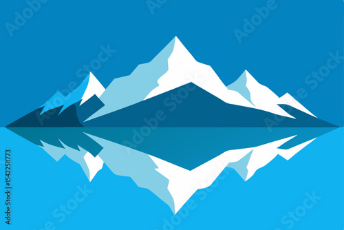 Snowy mountain peaks rise under a blue sky, illustrating a serene winter landscape