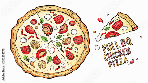 A full bbq chicken pizza with sliced tomatoes mushrooms basil and peppers next to a single pizza slice