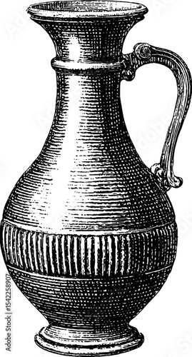 Vintage clay jug in engraving and pencil sketch style for artistic design