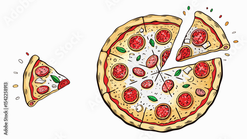 A whole pizza with a slice being removed and another slice on the side with basil and pepperoni