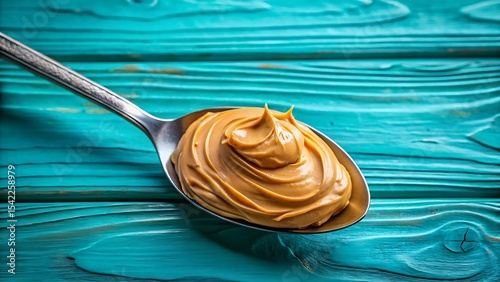 A spoonful of creamy peanut butter on a metallic spoon against a blue wooden background