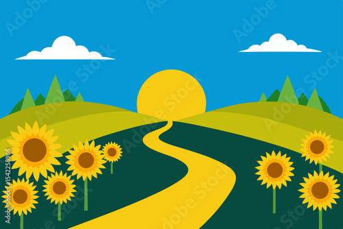 Bright summer landscape with a field of sunflowers under a blue sky, featuring a road winding through green hills