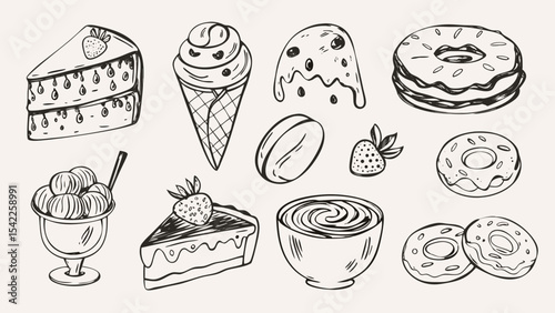 Illustration of various dessert items including cake slices, ice cream, donuts, and a bowl of cream