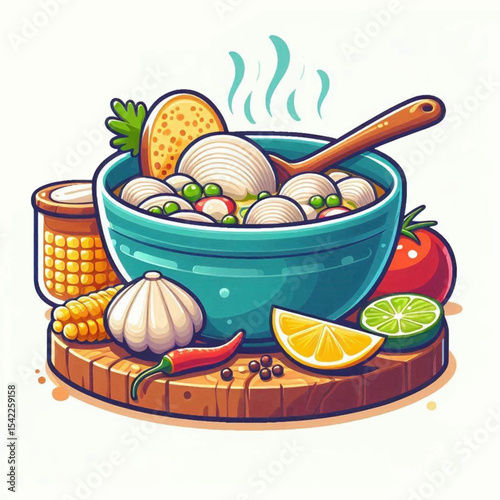 Soup bowl with seafood veggies on a wooden board with corn garlic pepper lemon lime tomato