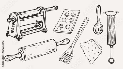 Illustration of a pasta maker, rolling pin, spatula, spoon, peeler, cookie sheet, and cracker sketch style