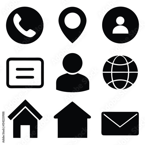 Nine Bold Black Contact Icons Set Simple Website User Interface Elements Glyph Style