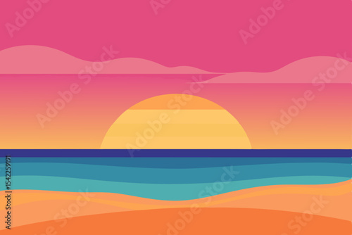 Golden sunset paints the tropical horizon where the sun dips into the ocean, casting orange hues across the sky and waves on the beach