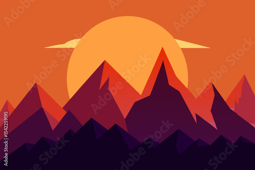 Mountain landscape vector illustration with orange sunset and nature travel design