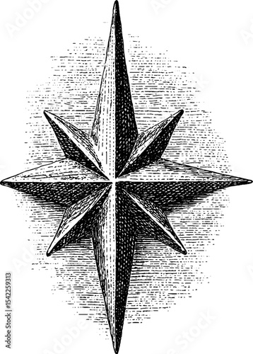 Vintage compass rose in engraving style with ornamental frame for nautical design