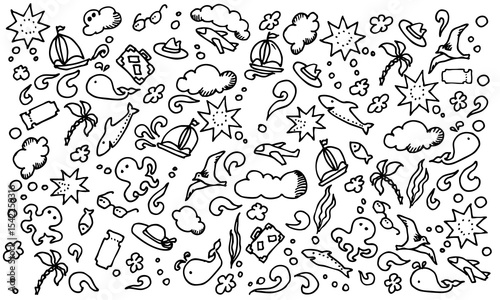 Doodle travel set. Hand drawn vector illustration on white background.