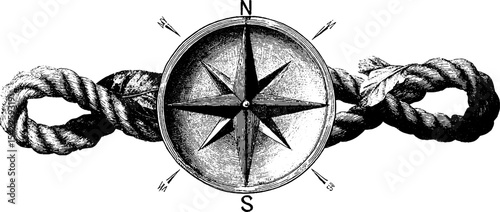 Vintage compass and rope vignette in classic engraving style for nautical decor