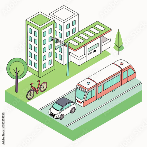Transportation illustration set. Private electric vehicle near charging station public transport in modern city vector design