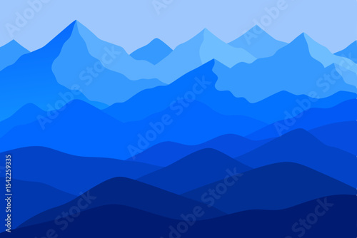 Morning mist unfurls across a serene mountain landscape, revealing silhouetted peaks under a vast, blue sky
