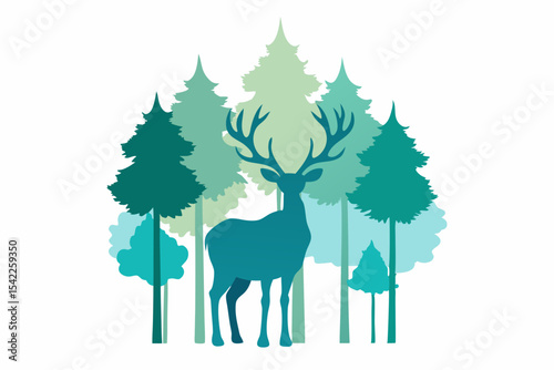Green tree silhouette vector illustration with deer and forest landscape design